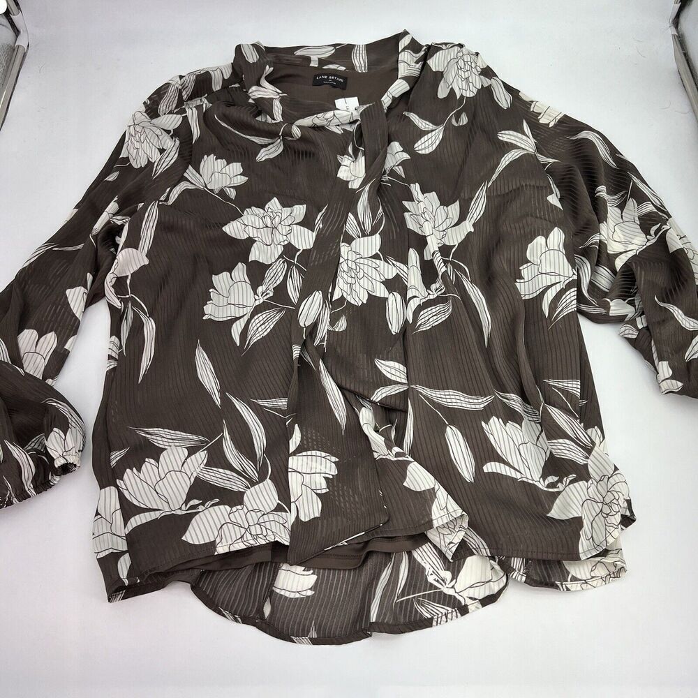 Lane Bryant Long-Sleeve Tie-Neck Popover Blouse Brown Floral Size 24 NWT